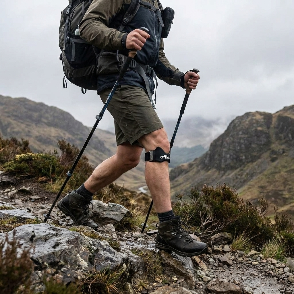 Hiker wearing the offload. knee strap on a steep rocky descent