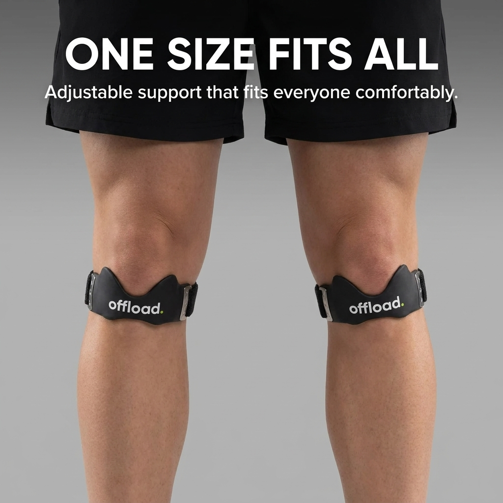 Two legs side by side wearing the offload. knee strap, one size fits all