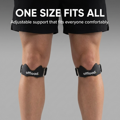 Two legs side by side wearing the offload. knee strap, one size fits all