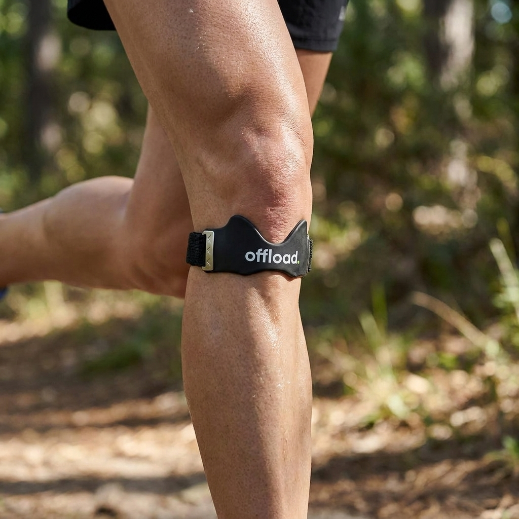 offload. knee strap worn while running, staying in place